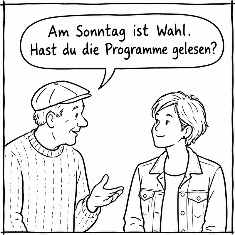Ein Nachbar: „Am Sonntag ist Wahl. Hast du die Programme gelesen?“