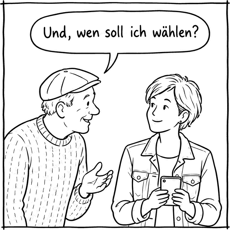 Der Nachbar, hoffnungsvoll: „Und, wen soll ich wählen?“