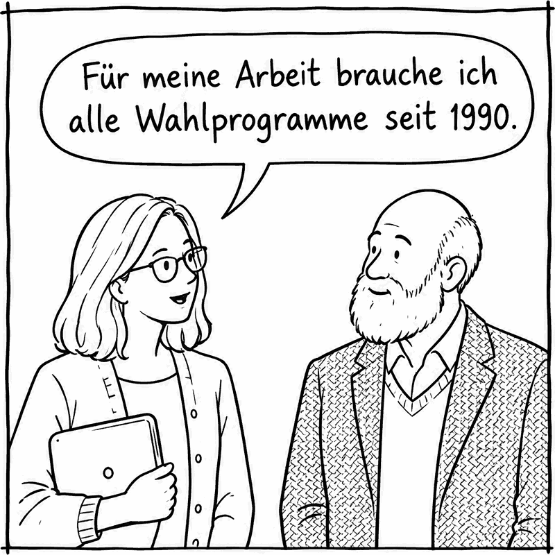 Eine Doktorandin mit Laptop: „Für meine Arbeit brauche ich alle Wahlprogramme seit 1990.“
