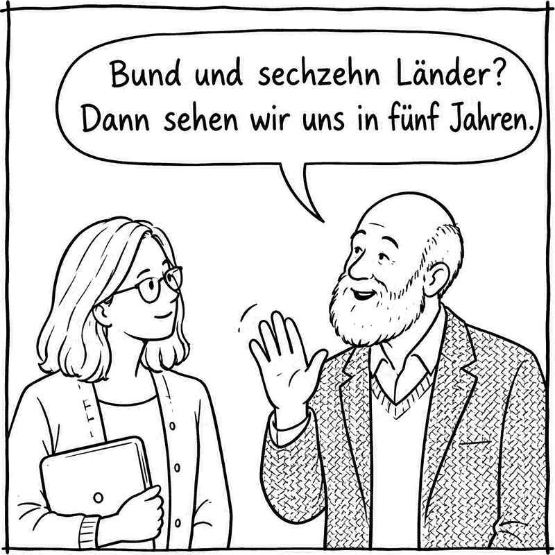 Ein Professor winkt ab: „Bund und sechzehn Länder? Dann sehen wir uns in fünf Jahren.“