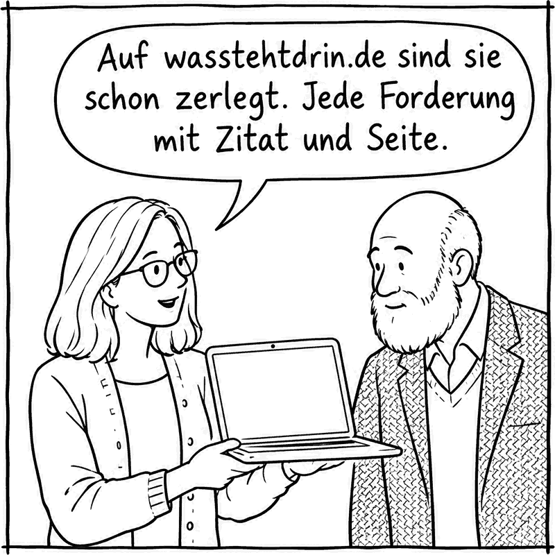 Die Doktorandin dreht den Laptop zu ihm: „Auf wasstehtdrin.de sind sie schon zerlegt. Jede Forderung mit Zitat und Seite.“