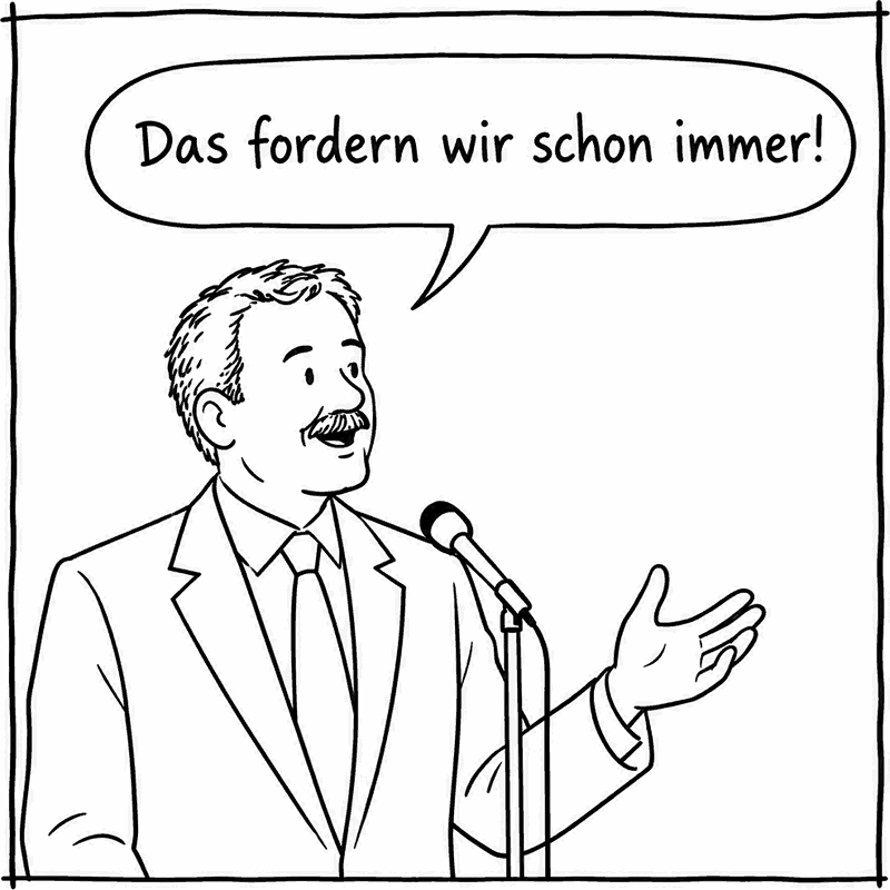 Ein Politiker am Mikrofon: „Das fordern wir schon immer!“
