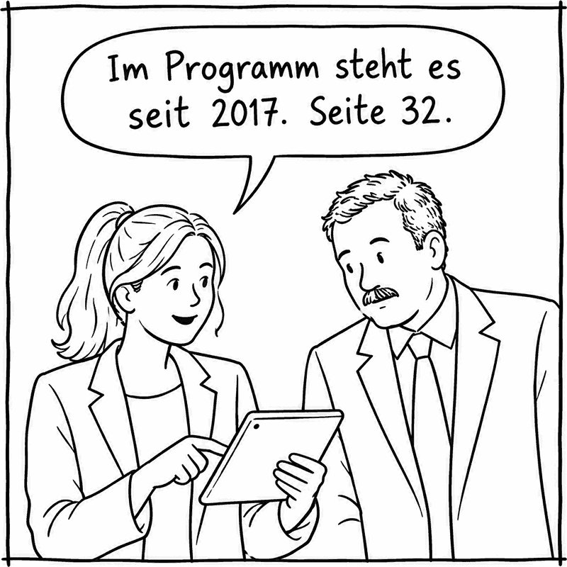 Die Journalistin zeigt auf den Bildschirm: „Im Programm steht es seit 2017. Seite 32.“