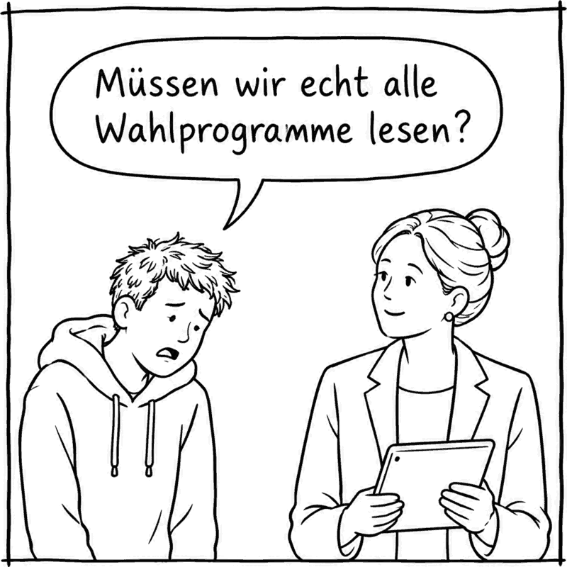 Ein Schüler, stöhnend: „Müssen wir echt alle Wahlprogramme lesen?“