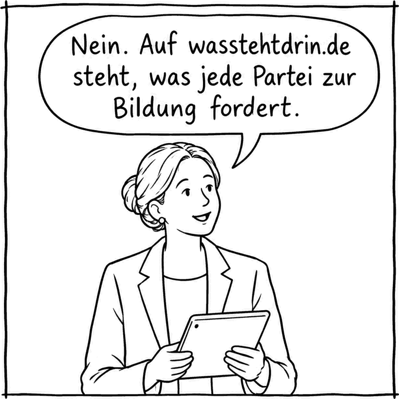 Eine Lehrerin mit Tablet: „Nein. Auf wasstehtdrin.de steht, was jede Partei zur Bildung fordert.“