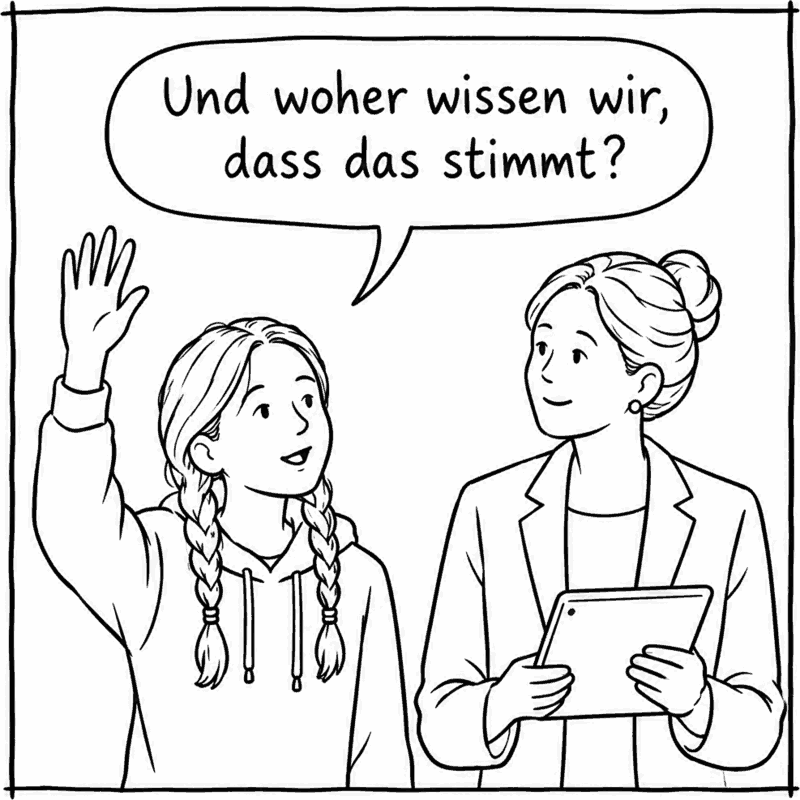 Eine Schülerin meldet sich: „Und woher wissen wir, dass das stimmt?“