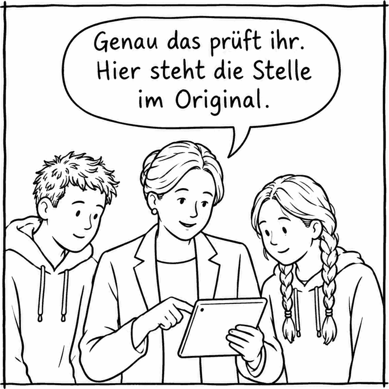 Die Lehrerin zeigt auf das Tablet: „Genau das prüft ihr. Hier steht die Stelle im Original.“