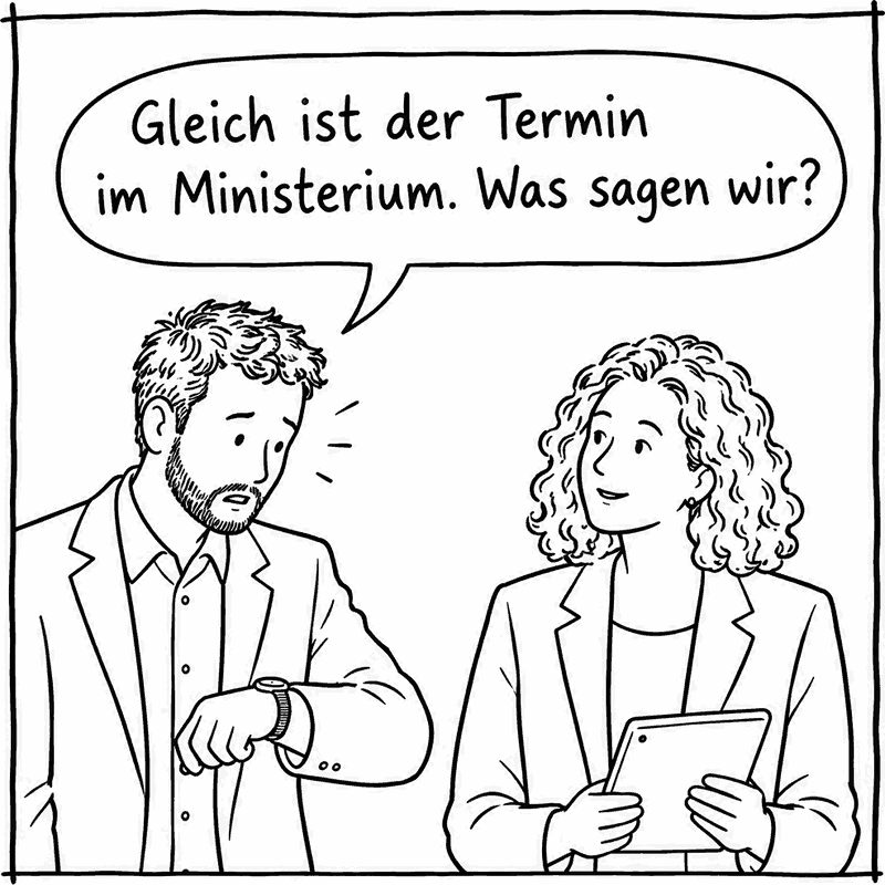Ein Kollege schaut auf die Uhr: „Gleich ist der Termin im Ministerium. Was sagen wir?“