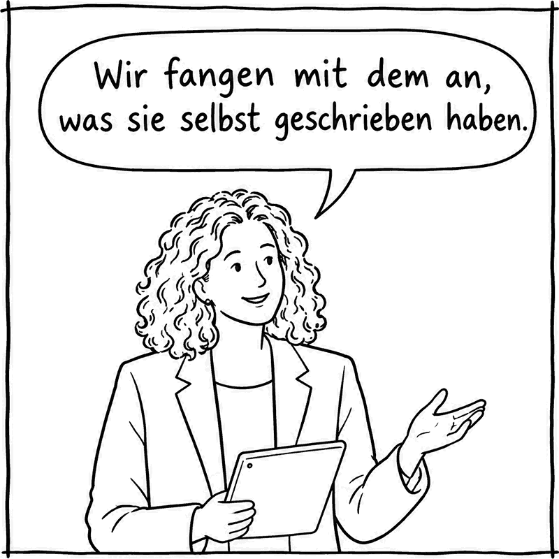Eine Verbandsvertreterin, ruhig: „Wir fangen mit dem an, was sie selbst geschrieben haben.“